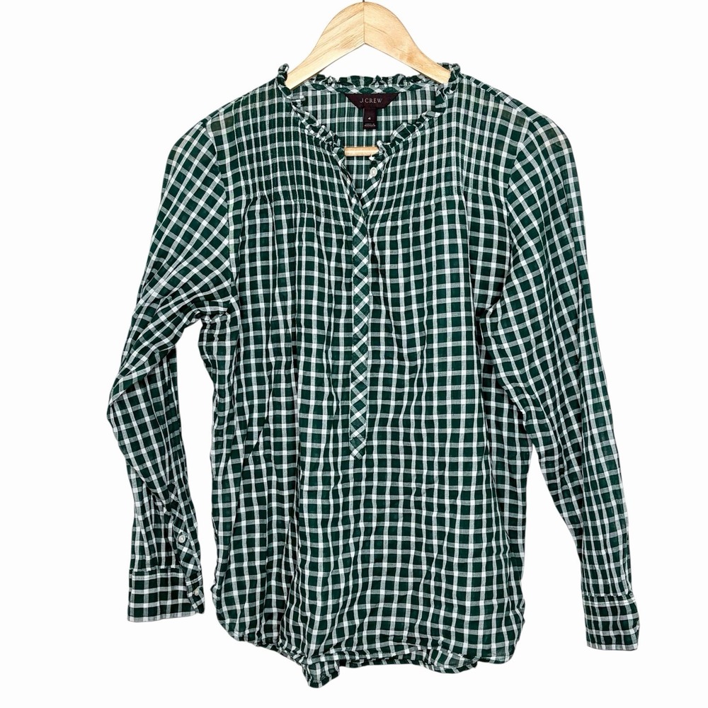 J Crew Plaid Ruffled Top Green Womens Size 4 Preppy Cottagecore Work Long Sleeve